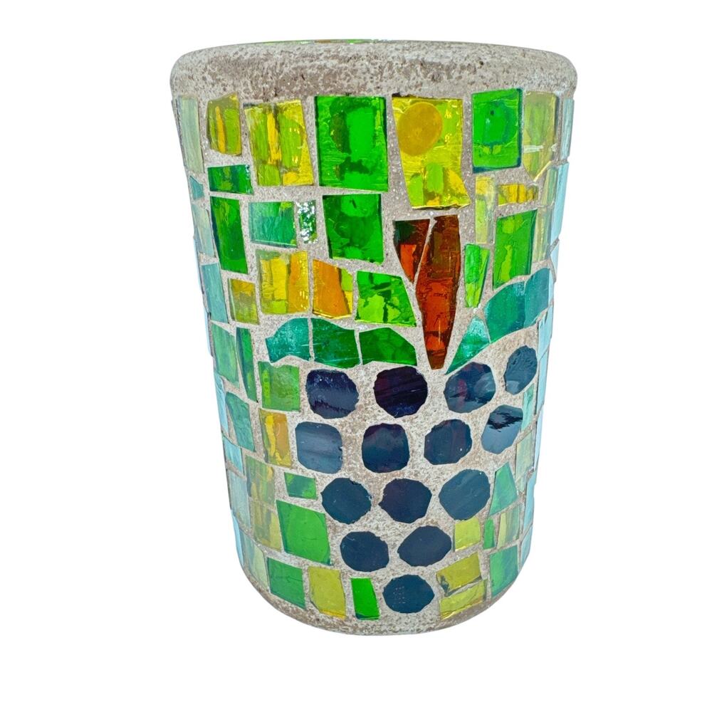 Glass Mosaic Hand Crafted Vase or Wine Cooler with Grapes and Pear
